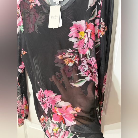 Johnny Was Black Sheer Floral Mesh Top with Pink Flowers - Picture 4 of 12